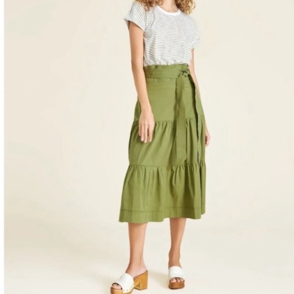 VERONICA BEARD Trail Mixed Media Midi Belted Shirt Dress Striped Olive Green